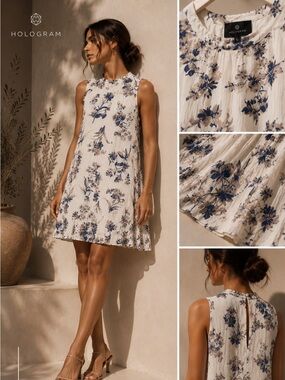 Hologram Ivory Sleeveless Mini Dress with Blue Floral Print
